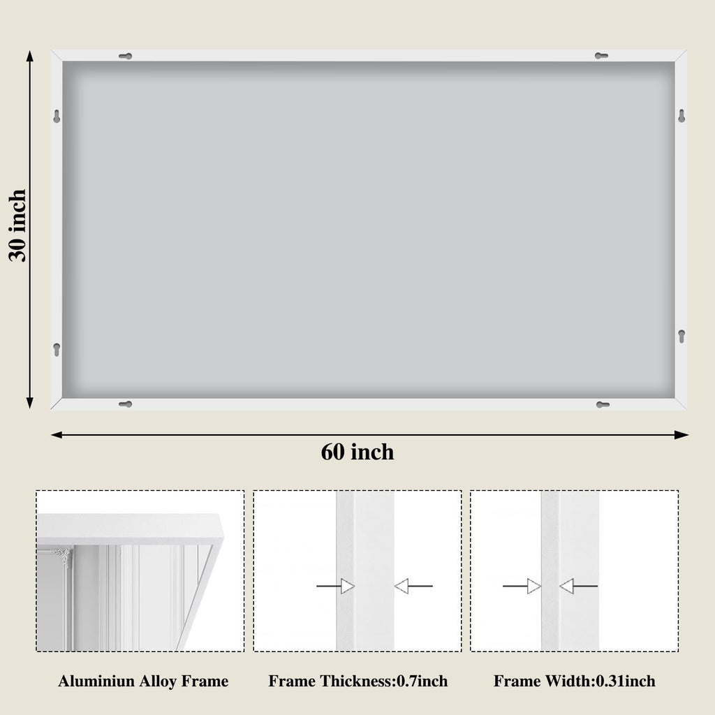 White Rectangle Wall Mirror, 30x60 Inch Bathroom Mirror, Aluminum Frame Vanity Mirror Bathroom, Hangs Horizontally or