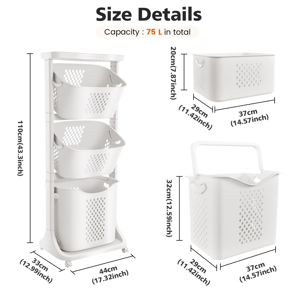 Rolling Laundry Hamper Cart with Wheels, 3 Tier Laundry Baskets