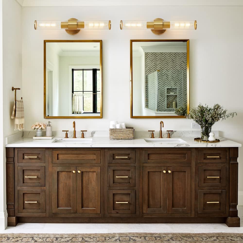 Hardwired Bathroom Light Fixtures, Gold Wall Sconce in Threaded Glass Indoor Wall Sconces, Modern Bathroom Vanity