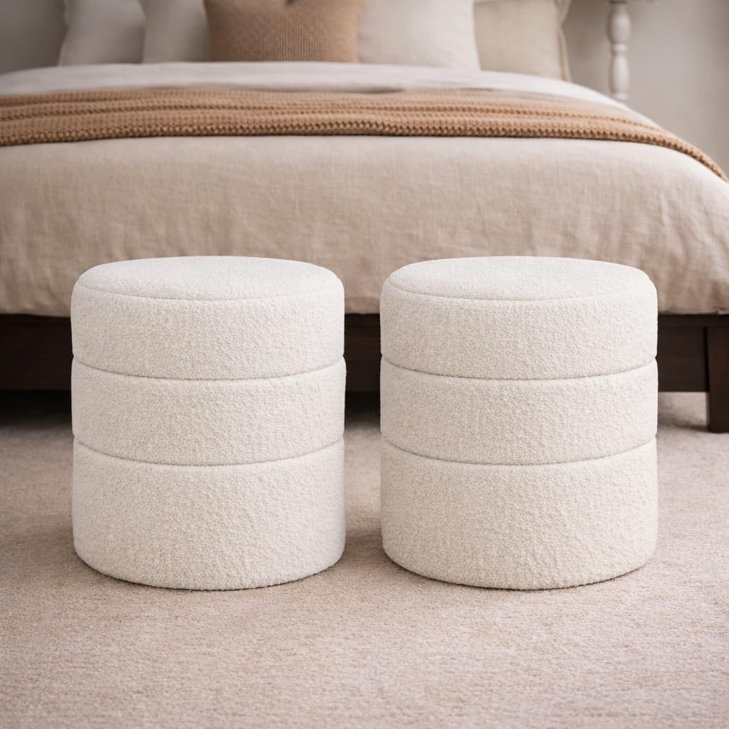 18" Round Ottoman - Cream Boucle