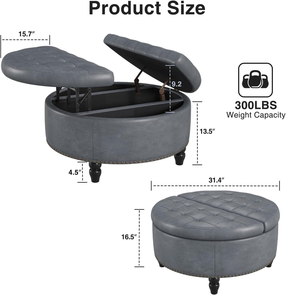 30 Inch Large Round Ottoman with Storage Circular,Gray Grey | Leather Coffee Table with Lift Top,Modern Upholstered