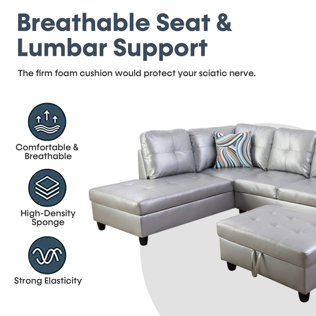Sectional Couch Furniture Set Sliver White, Sectional Sofa Set L Shape Sofa and Chaise with Storage Ottoman