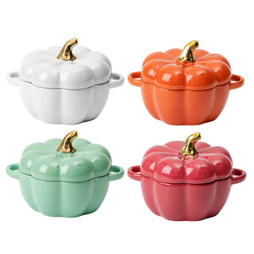 Pumpkin Bowl Set with Lid and Handle, Set of 4 Ceramic Ramekins for Baking, Casserole Dish Individual Severing Pot