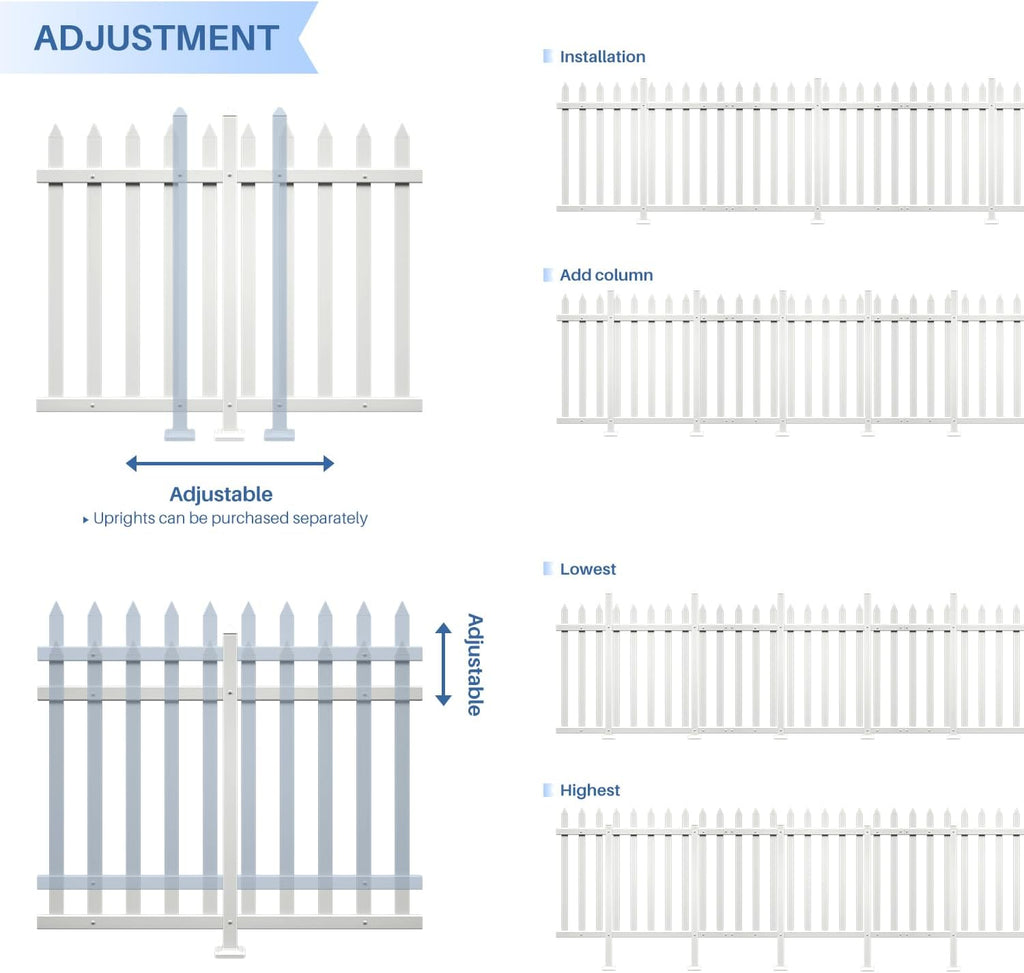 4 Sets 36" H x 84" W Vinyl White Picket Fence Panels Decorative Fencing for Front Porch Yard Garden Pool (34 Pickets