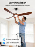 60 Inch Ceiling Fans with Lights and Remote, Solid Walnut Wood 3 Blade Modern Ceiling Fan, Quiet DC Motor, 6 Speeds, Timer, Dimmable LED, Indoor & Covered Outdoor Living Room, Bedroom, Patio (Walnut)