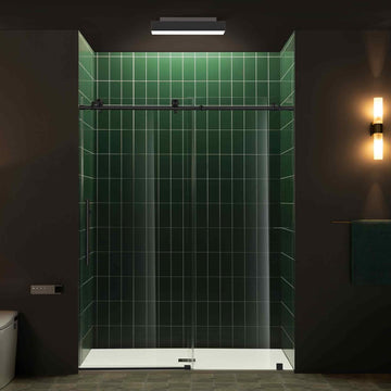 56-60" W x 80" H Frameless Single Sliding Shower Door with Tempered Glass & Explosion Proof Film in Matte Black Finish