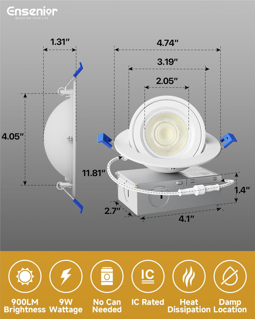 4 Pack 4 Inch LED Eyeball Gimbal Recessed Light, 5CCT Dimmable