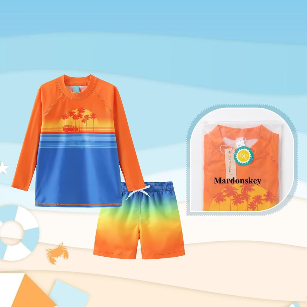 Boys Long Sleeve Rash Guard Swim Trunk Swimsuits Set Kids Two Piece Bathing Suit Swimwear Set