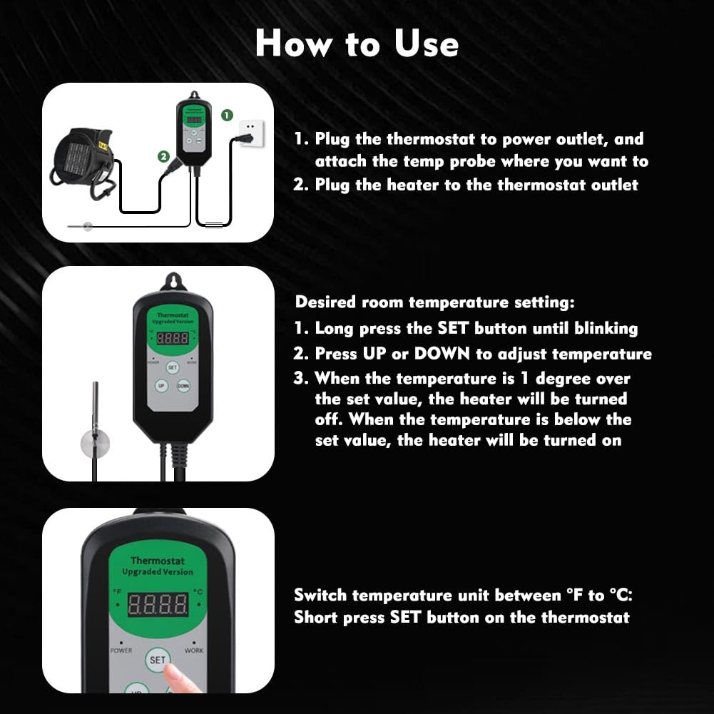 Greenhouse Heater with Thermostat, 1500W Electric Heater Auto Temperature Control Kit Digital Display, Fast Heating