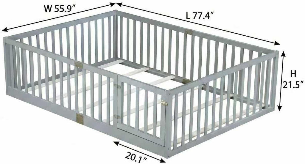 Montessori Floor Bed with Slats, High Guardrails & Door, Gray