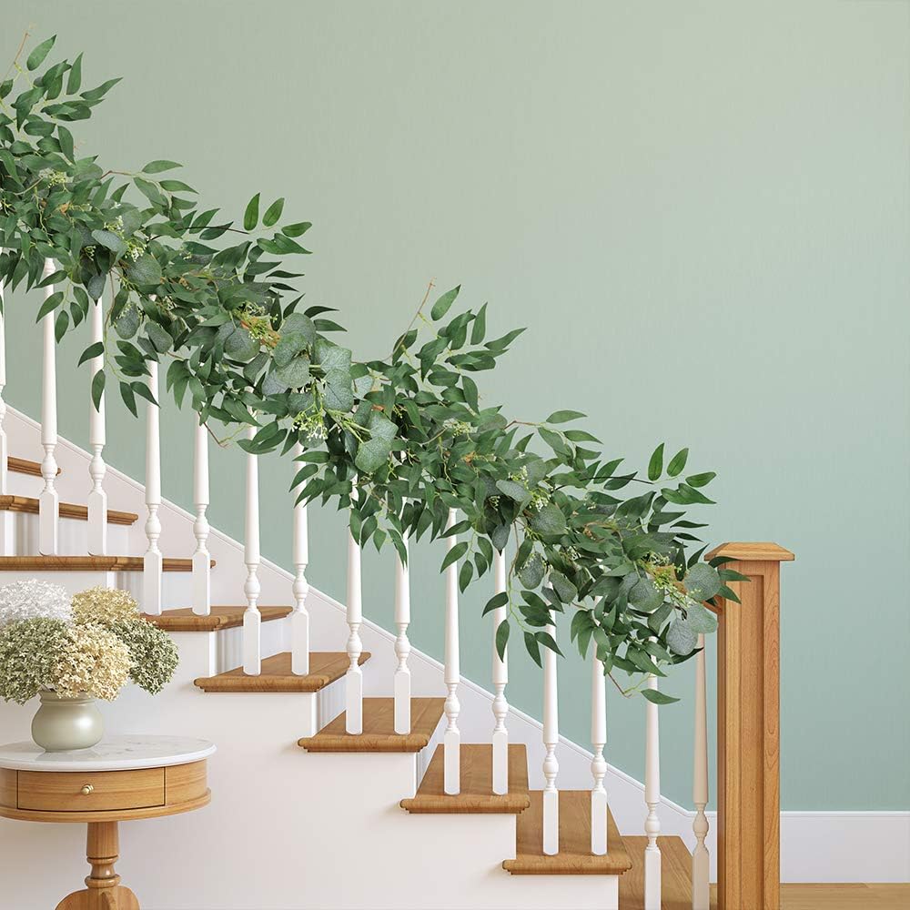 Fake Greenery Garlands Artificial Silver Dollar Eucalyptus Garland in Grey Green and Willow Twigs Garland Intertwined - Set of 2