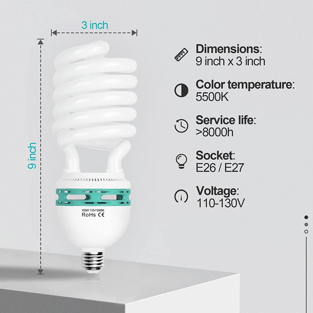 Full Spectrum Light Bulb, 105W CFL Light Bulbs for Photography 2Pack