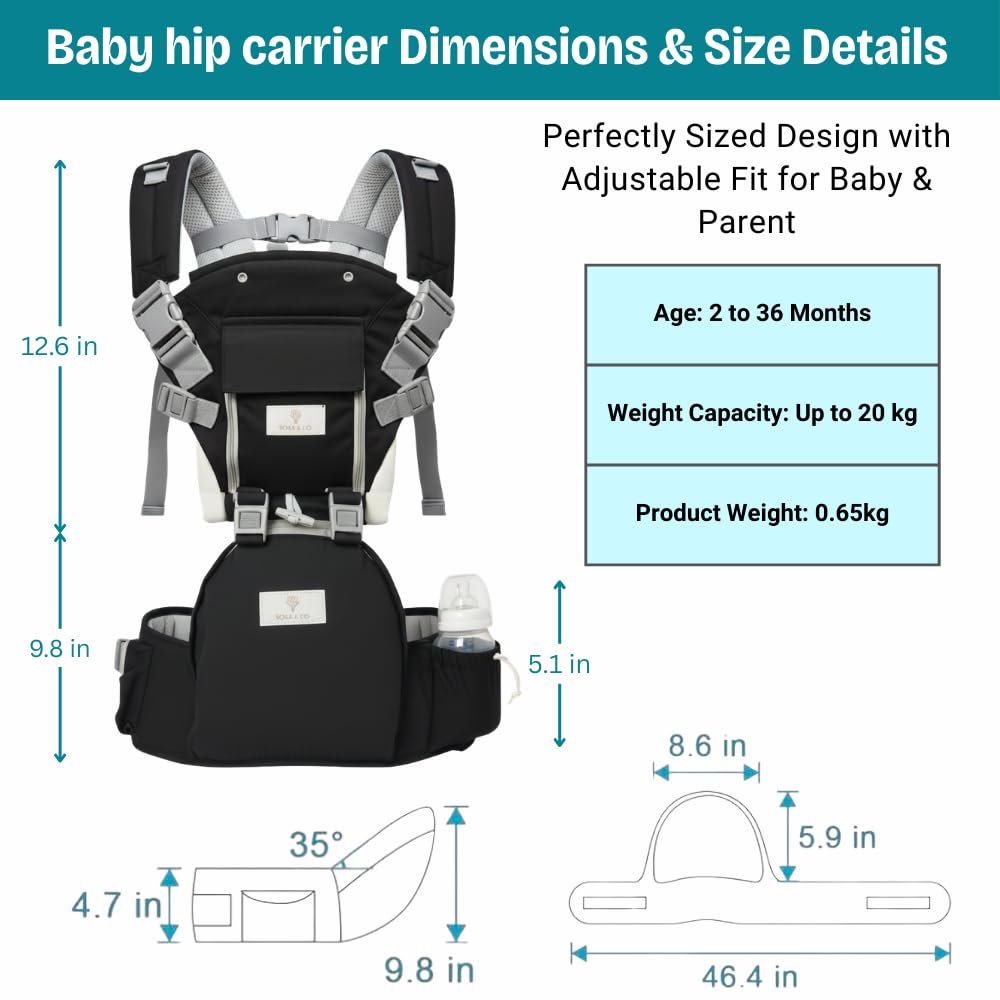 6 in 1 Ergonomic Baby Carrier with Hip Seat - Newborn to Toddler - Black