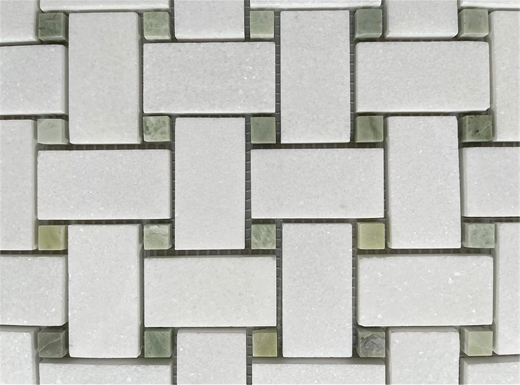 Thassos White Marble 1x2 Basketweave Mosaic Tile w/Green Jade Dots Honed Kitchen Bath Wall Floor Backsplash Shower (1