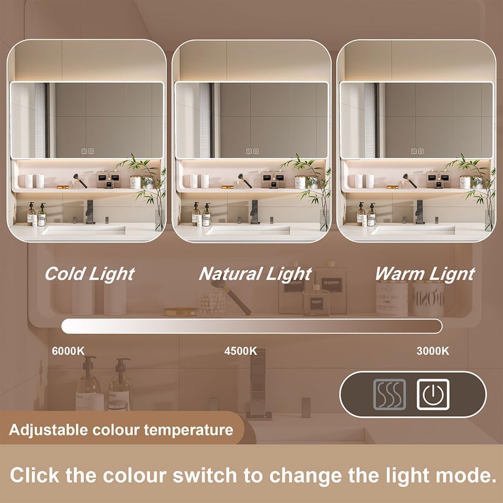 Bathroom Medicine Cabinet with Mirror and LED Lights, Wall Mounted Aluminum Medicine Cabinet with Storage and