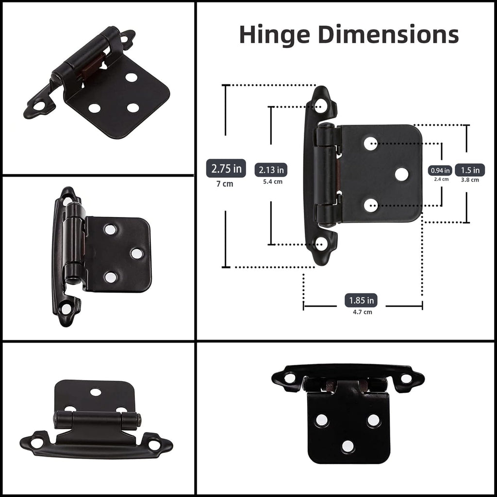 1/2" Overlay Matte Black Cabinet Hinges 50 Pack (25 Pair) Self Closing Bath & Kitchen Cabinet Hinges Black Flush Mount