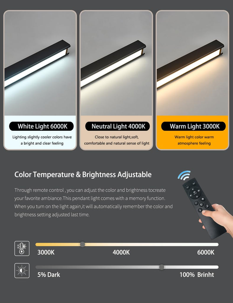 94′′ Black Linear Pendant Light - Dimmable High Output LED, Modern Black Finish with Walnut Wood Grain Accent, 8ft
