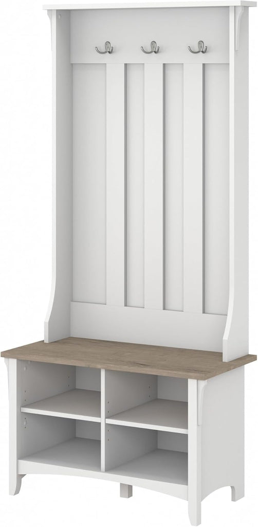 Salinas Hall Tree with Shoe Storage Bench in Shiplap Gray and Pure White, Multi-Purpose Home Organizer, Entryway