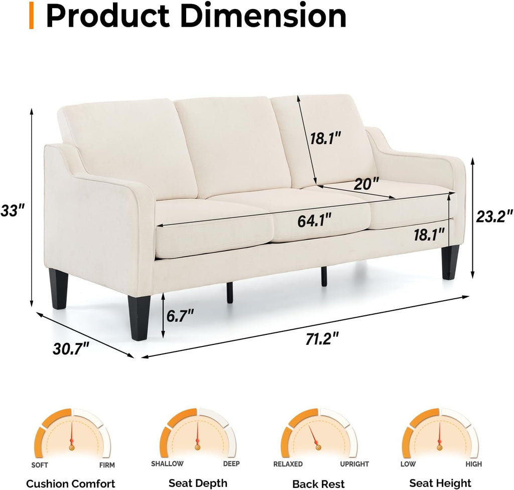 Small Couch Sofa 71" Comfy Couches for Living Room Beige 3 Seat Sofa Couch Mid Century Modern Sofa Furniture Couches