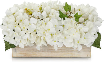 White Hydrangea Artificial Flowers in Wooden Pot Faux Silk Hydrangea Flowers Potted Fake Fall Flower Floral