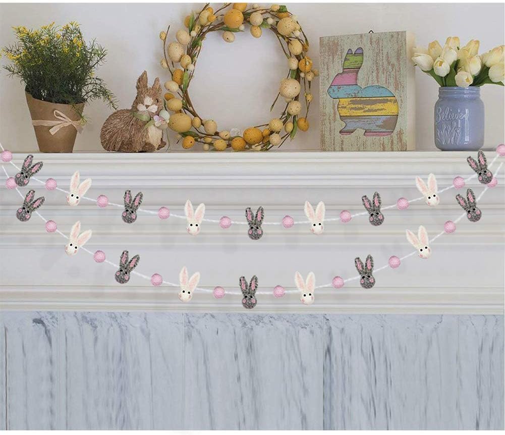 Pinkblume Easter Felt Garland Wool Rabbit Pom Pom Banner,Handmade Bunny Ball Garland for Easter Holiday Baby - Set of 16