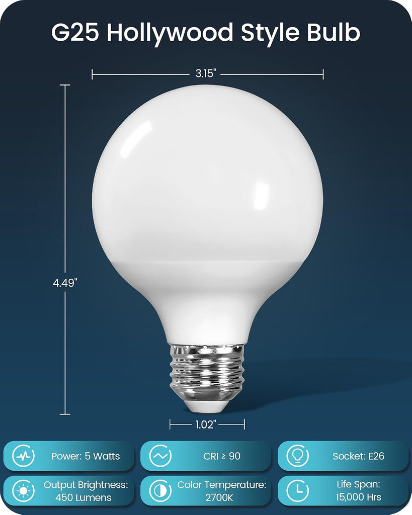G25 LED Vanity Light Bulbs, 5W (60W Equivalent),5000K Cool White, 450LM, CRI90+, Non-Dimmable, Globe Bulb