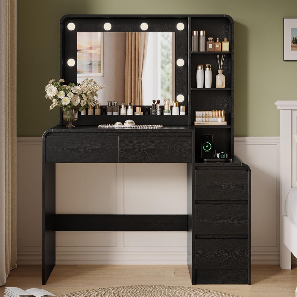 Vanity Table with Drawer Dresser, 39.3" Farmhouse Vanity Makeup Desk with Charging Station, Black Vanity Desk with