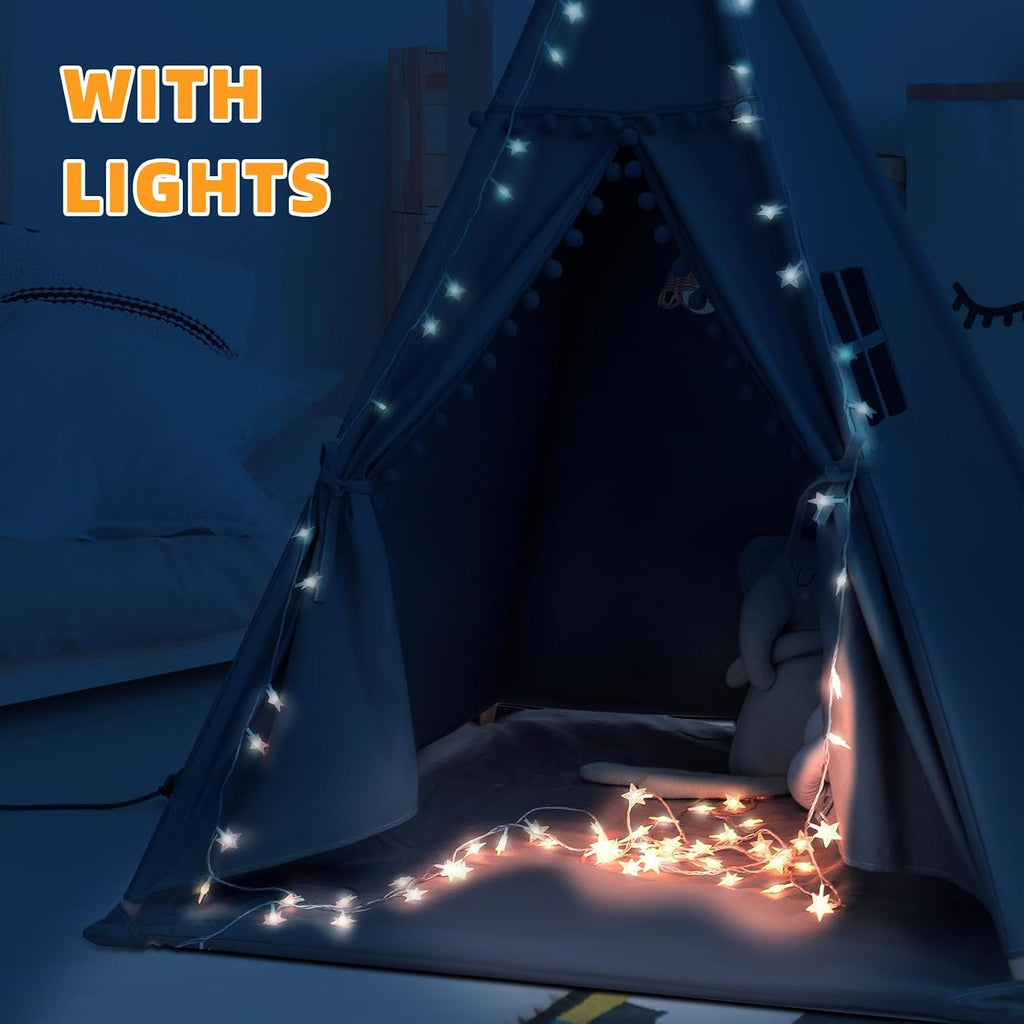 Teepee Tent for Kids with Mat, Star Lights, Carry Case, Cotton Canvas Playhouse, Foldable Tents, Portable Children
