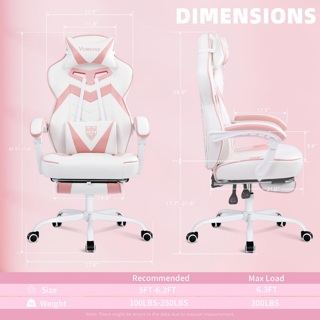 Gaming Chair, High Back Pink Gaming Chair with Footrest and Massage, Gaming Chairs for Adults with Pocket Spring