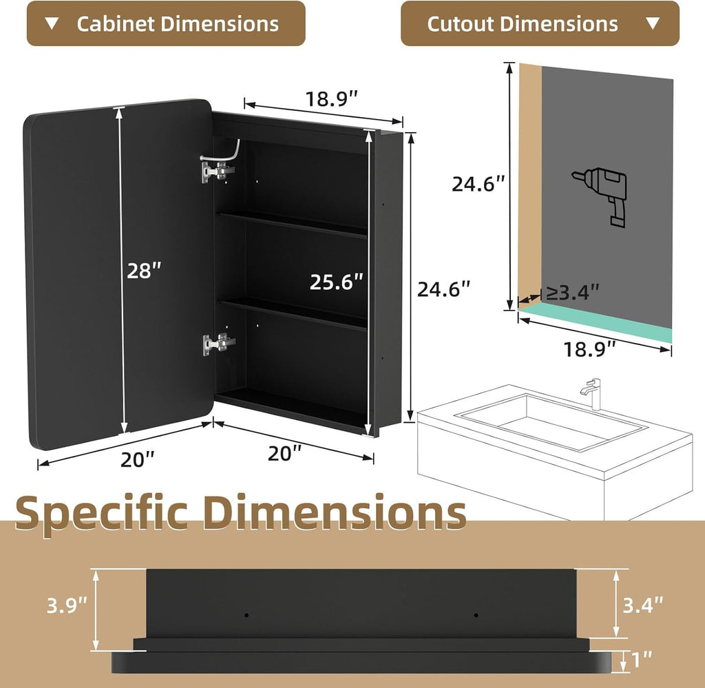 20x28 Medicine Cabinet with Mirror and Lights, Bathroom Mirror Cabinet with Memory Function, Anti-Fog, Surface Mount