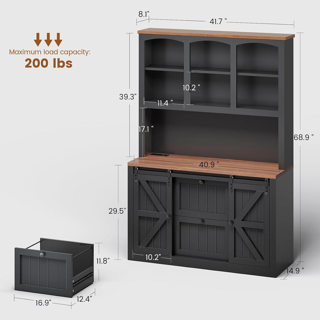 2 Drawer File Cabinet with Power Strip, 41" Farmhouse Filing Cabinet fits Legal, Letter, A4 Size Files , Printer