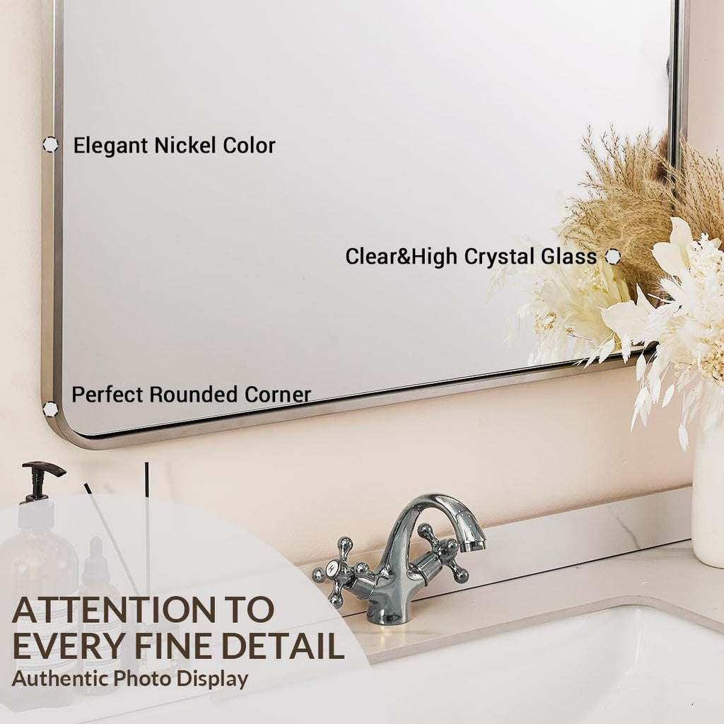 Brushed Nickel Arched Mirror, 30x30'' Arch Wall Mirror, Arch Bathroom Mirror Rustproof Metal Frame 1'' Deep Set Wall