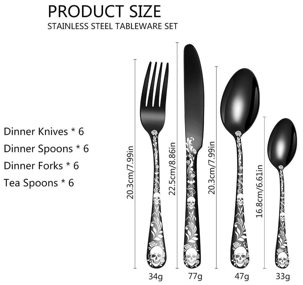 Halloween Skeleton Silverware Set, 24 Piece Stainless Steel Flatware Set Service for 6, Gothic Skull Cutlery Set