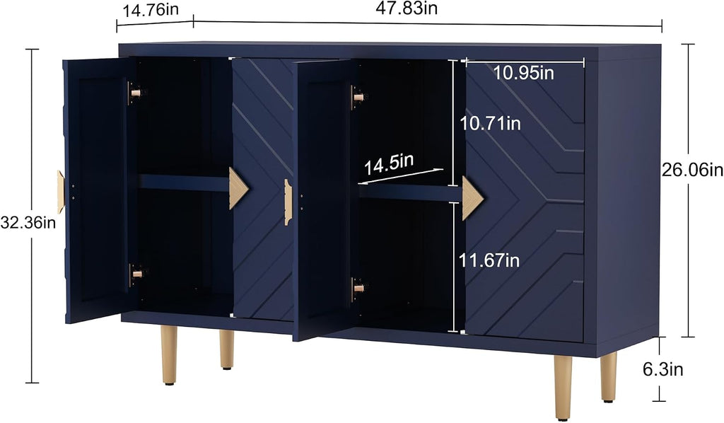 48'' Modern Sideboard Buffet Storage Cabinet with 4 Doors, Blue | Accent Storage Cabinet with Embossed Patterns