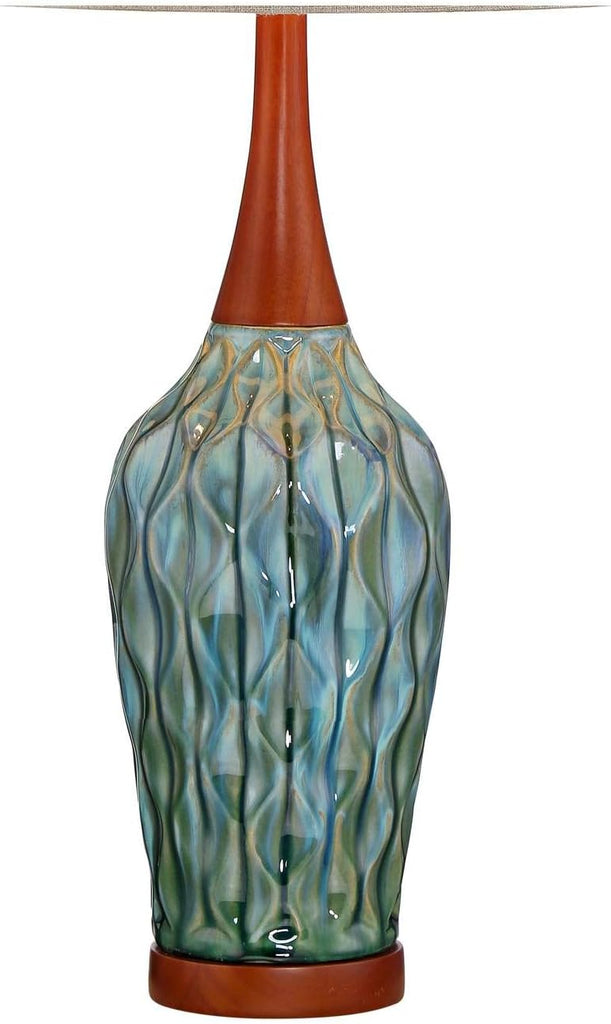 Rocco Mid Century Modern Table Lamp 30" Tall Ceramic Blue Teal Glaze Wood Handmade Linen Drum Shade Cottage Core Decor