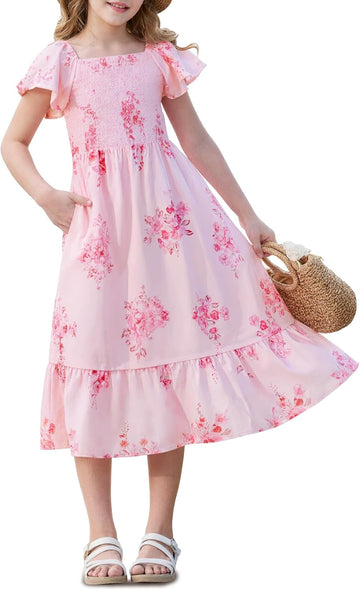 Girls Summer Dress Kids Square Neck Ruffle Sleeve Smocked Midi Dresses with Pockets