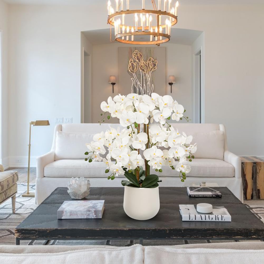 Extra Large White Orchid Artificial Flowers in Cream Resin Pot, 29.5in Lifelike Silk Orchid Arrangement Faux