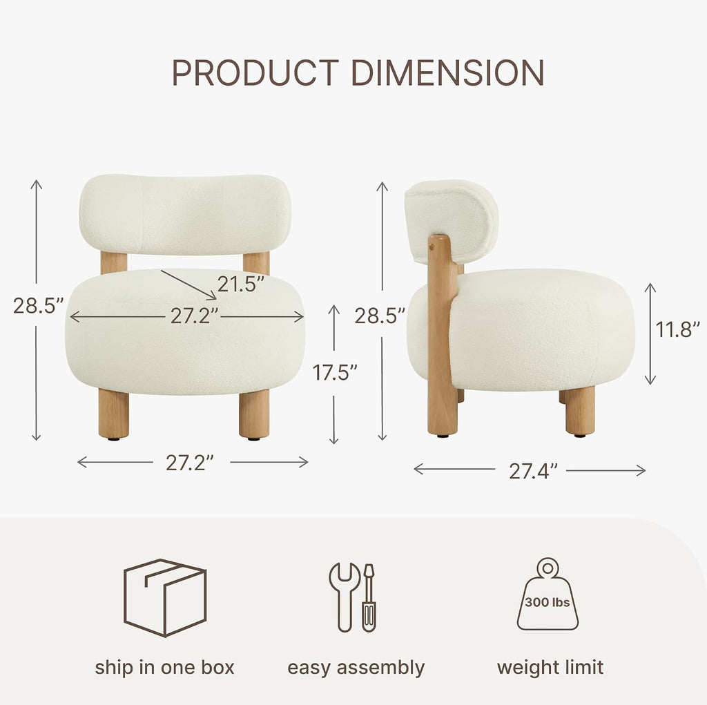 Modern Boucle Accent Chair, with Plush Faux Sherpa Upholstery, Curved Backrest, Solid Wood Legs Bedroom Reading Nook