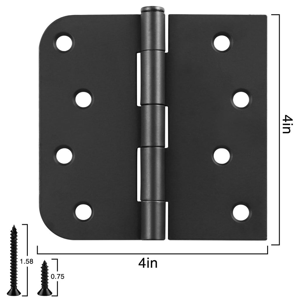 Matte Black Door Hinges 4 Inch Square Rounded 5/8" Radius 6 Pack