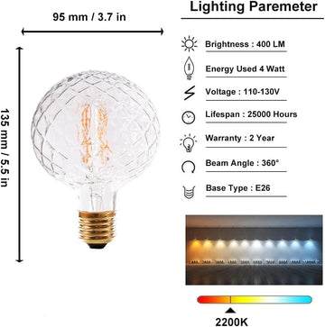 Vintage LED Edison Bulb G30 G95 4W Dimmable LED Filament Bulb Globe Pineapple Shaped Light Bulb 2300K Warm White E26