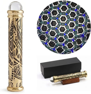Brass Teleidoscope with Tribal Art Etched Barrel - Polished Lacquer-Coated, Front Surface Mirror, Crystal Ball Lens
