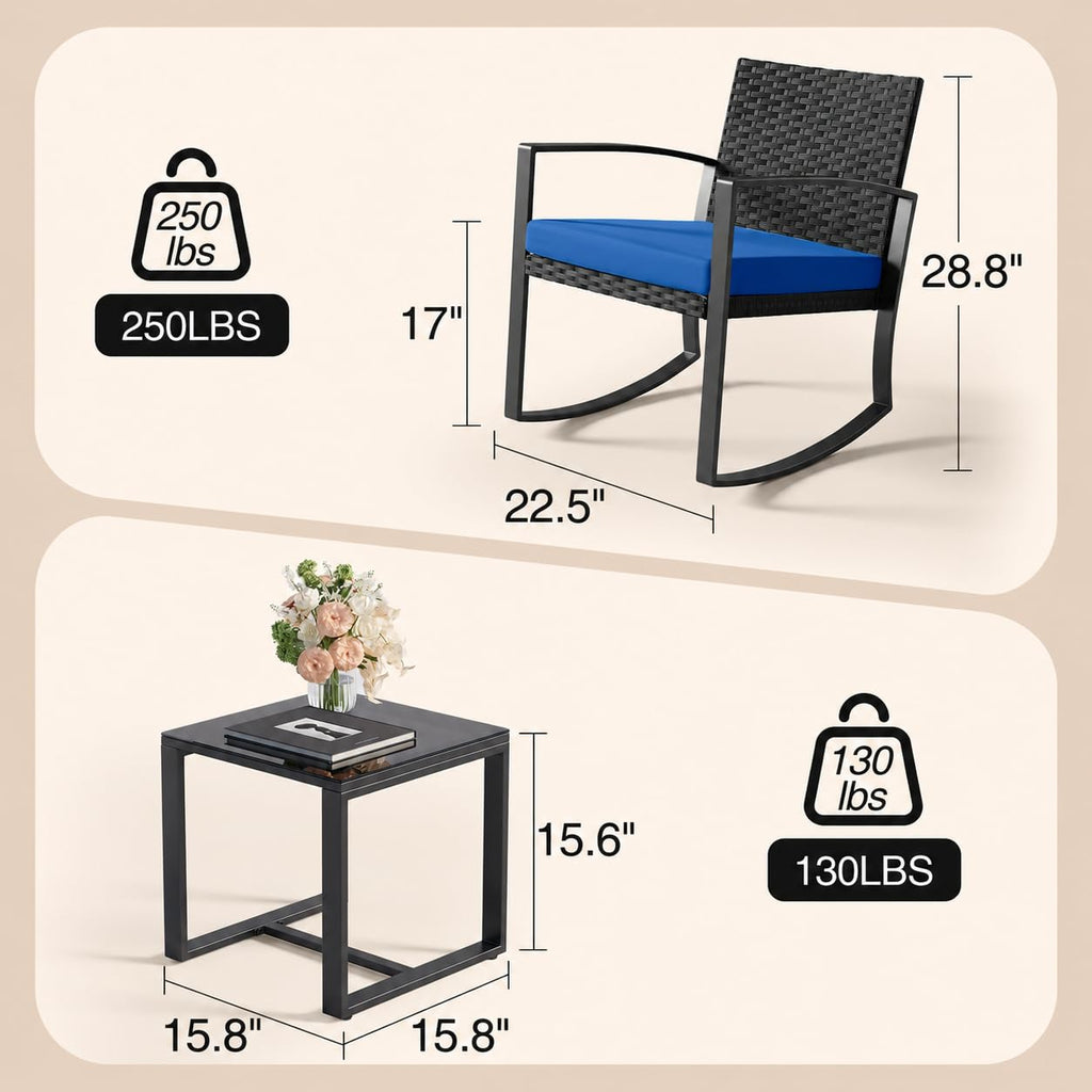 3 Piece Patio Bistro Set Patio Furniture Set Outdoor Wicker Rocking Furniture Conversation Set with Tempered Glass