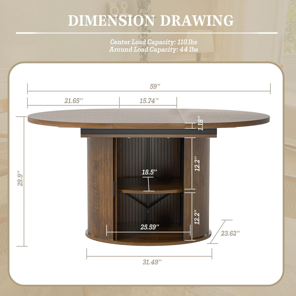 Oval Extendable Dining Table with Storage, 59"Wood Kitchen Table, Brown