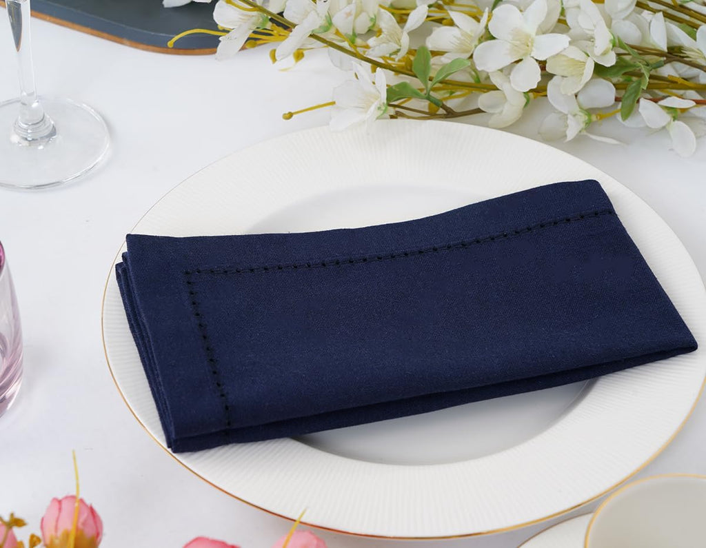 Navy Blue Hemstitch Linen Napkins Set of 12-100% Cotton Cloth Dinner Napkins 18x18 inches, Soft, Reusable, Absorbent