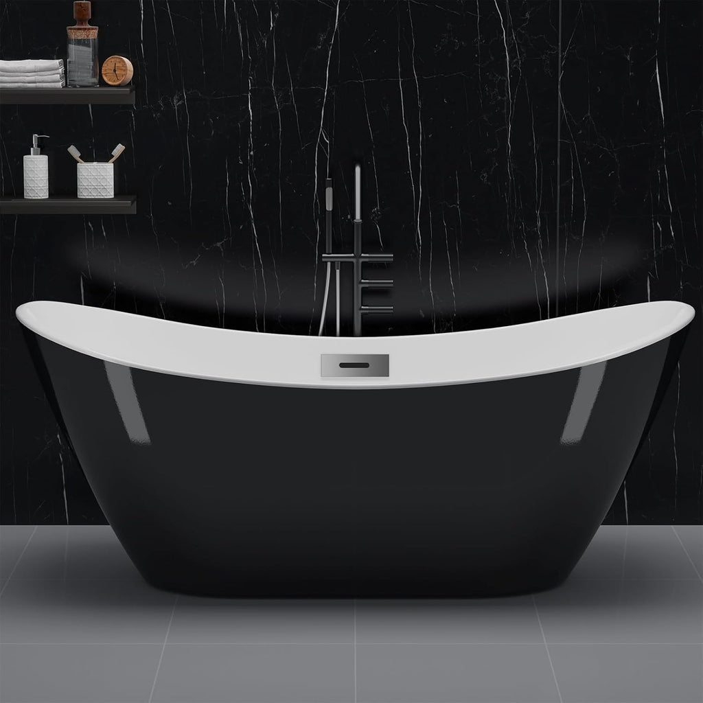 59" Deep Soaking Bathtub, Non-Slip Acrylic Tub with Chrome Drain, CUPC Certified, Ergonomic Modern Bath for Bathrooms