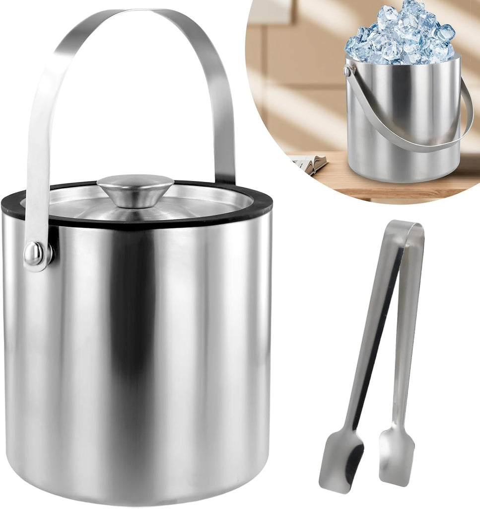 Ice Bucket with Lid Strainer Tong,2QT Double Walled Stainless Steel Insulated Ice Bucket Container,Good Sealing Ice