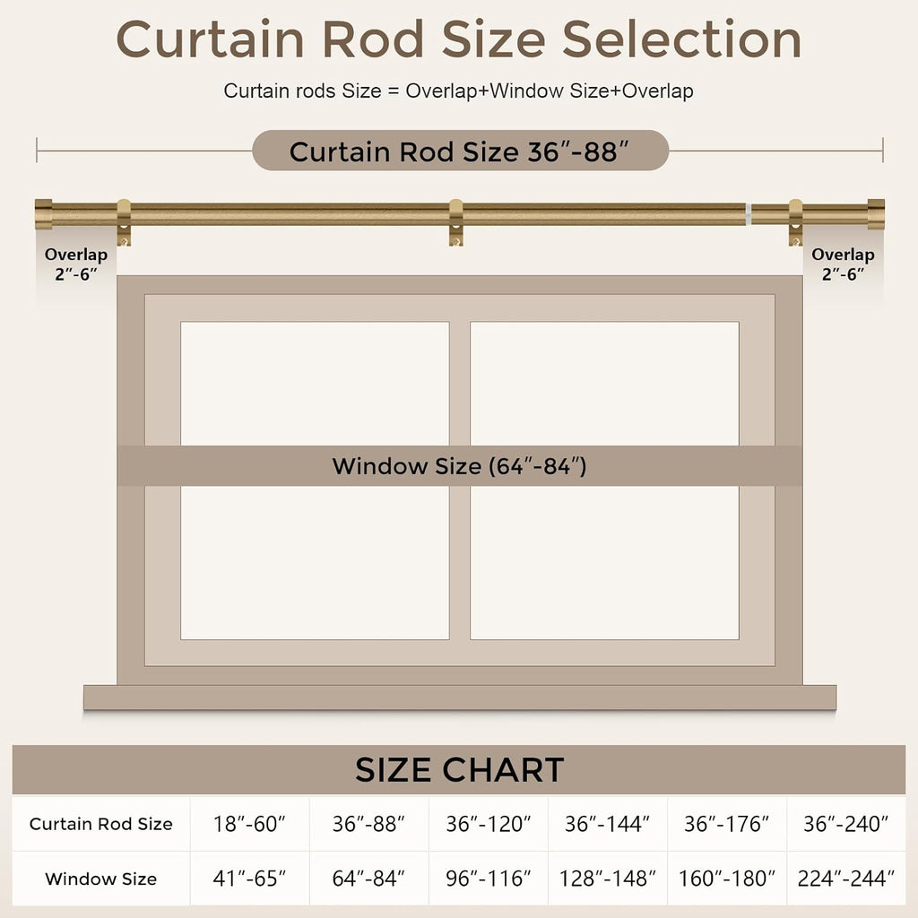 Warm Gold Curtain Rod 48 to 84 Inch, Heavy Duty Brass Curtain Rods for Window, 1" Diameter Adjustable Window