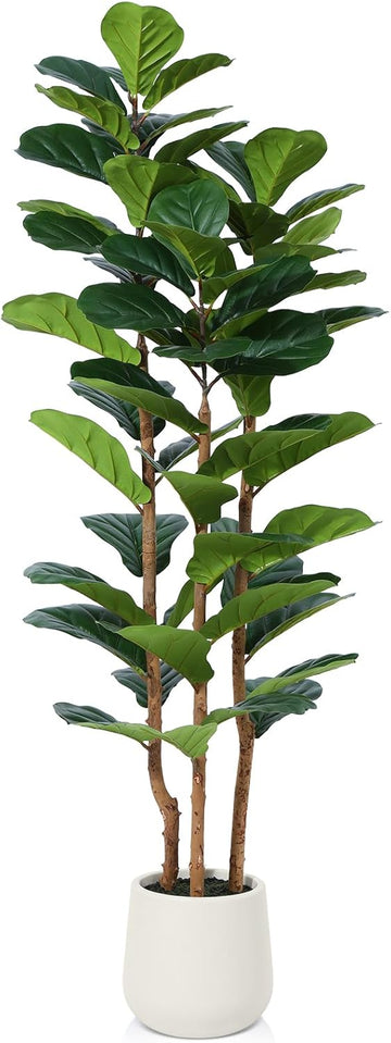 Artificial Fiddle Leaf Fig Tree with White Planter,5ft Tall Fake Tree with Natural Wood Trunk Decor, Faux Ficus Tree