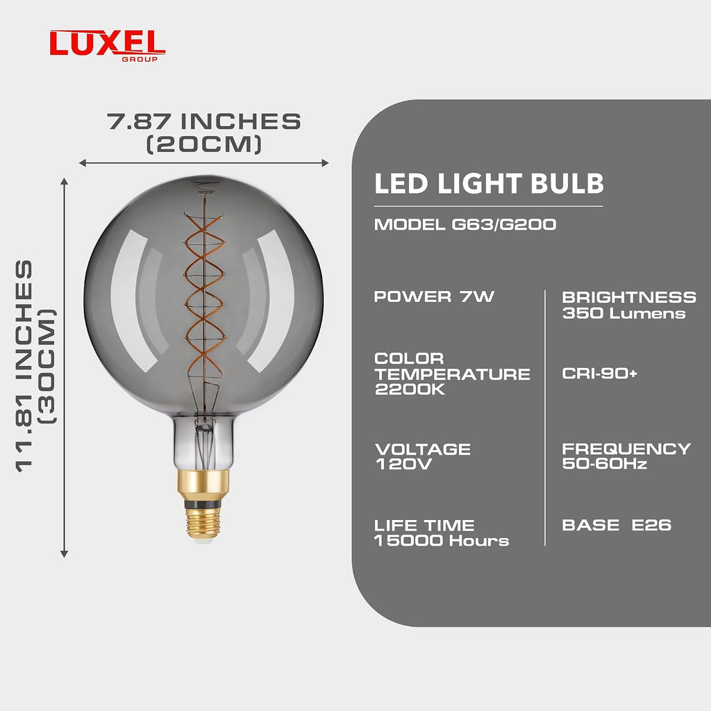 Oversized Edison LED Light Huge Bulb Vintage G63(G200) 7W Equivalent 40W - Dimmable 2200K Warm Glow - 350 Lumens E26