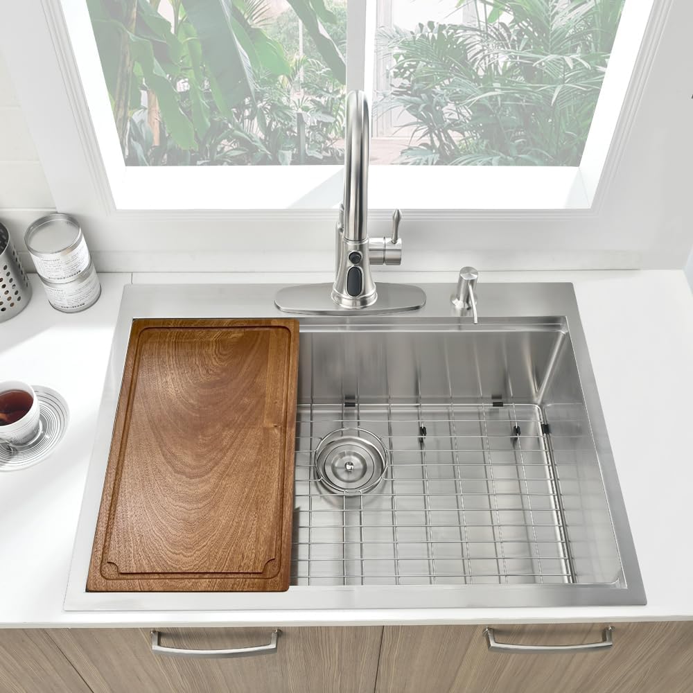 33x19 Drop Sink Workstation | Top Mount Stainless Steel 16 Gauge Handmade 10 inch Deep Single Bowl Kitchen Sink